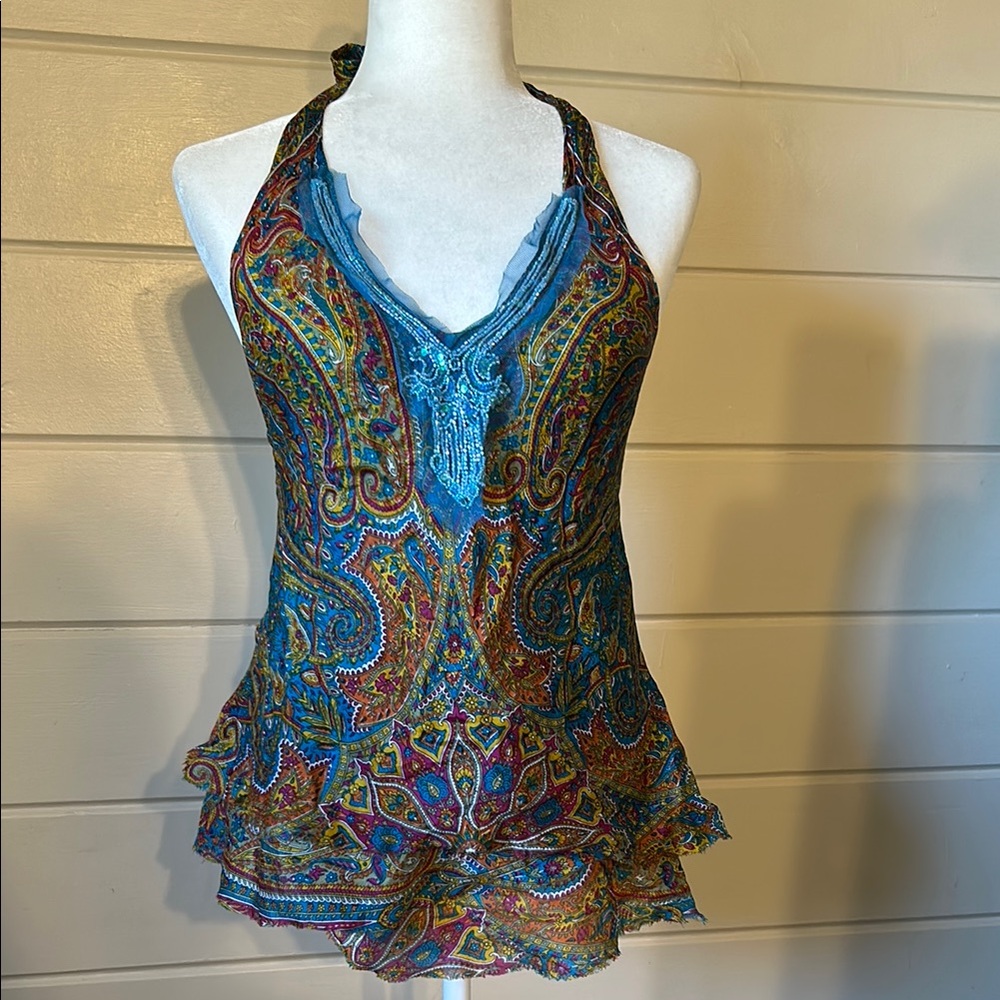 One-of-a-Kind Vintage Red Haute Silk Halter Paisley Print Beaded Neckline Size 2